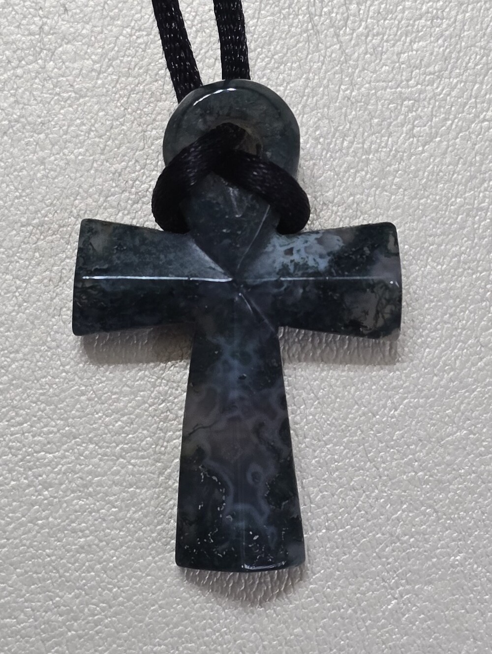 Natural Moss Agate Cross Ankh Pendant Necklace